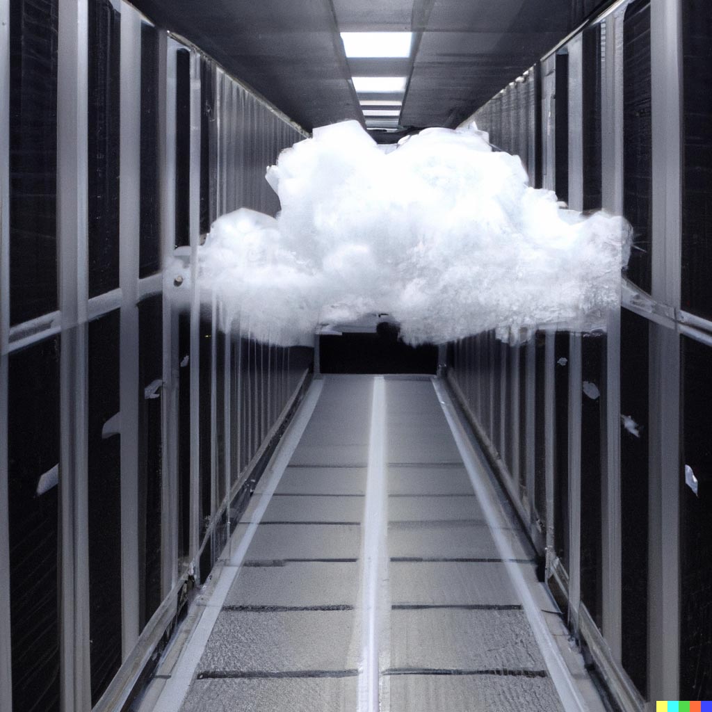 DALL·E prompt: A floating fluffy cloud inside the aisle of data center between clean perforated metal server racks, Oblivion (2013).jpg
